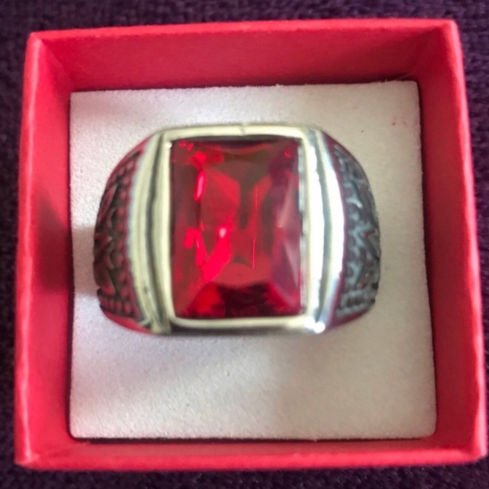 Men's Stainless Steel  Ring with Red Rectangular Gem